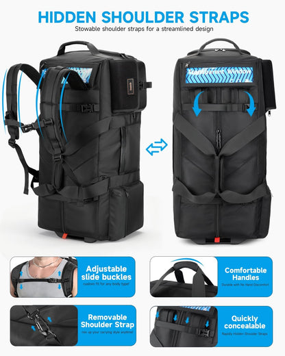 90L Rolling Duffel Bag with Wheels, 4-way Carry Foldable Large Travel Duffle with Backpack Straps & Shoe Compartment, Heavy Duty Luggage for Weekend, Camping, Moving, Includes 3 Organizers
