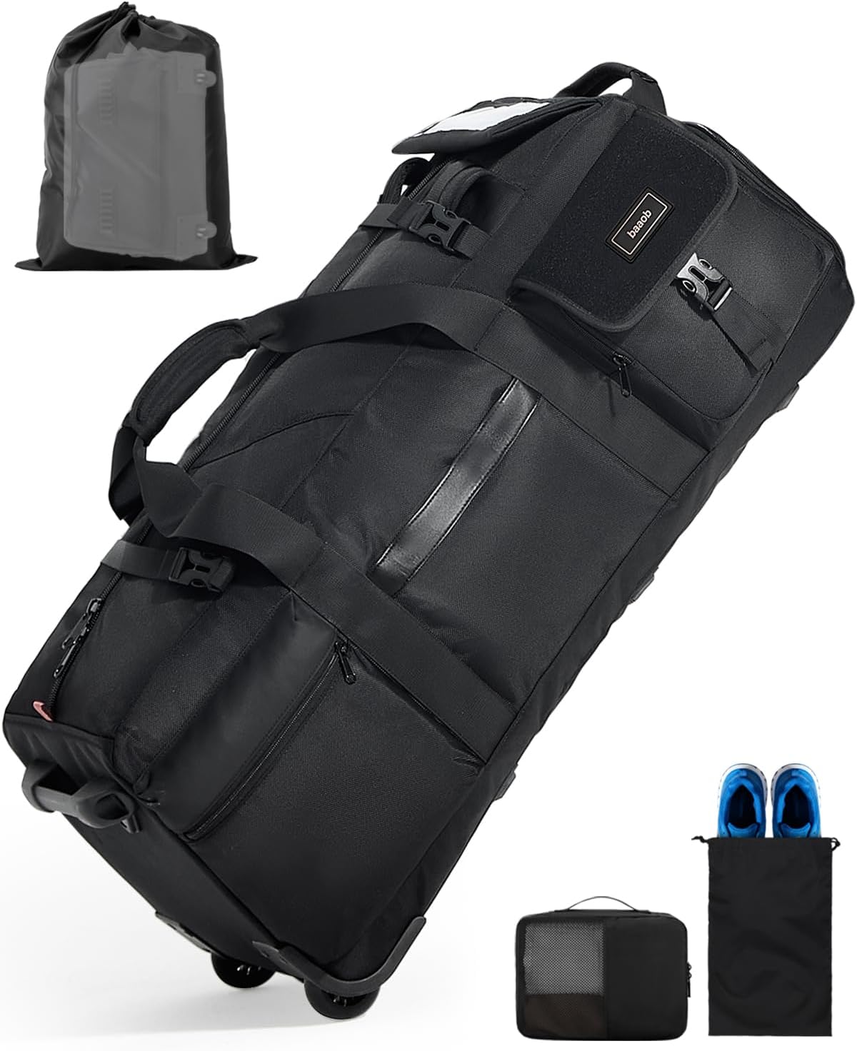 90L Rolling Duffel Bag with Wheels, 4-way Carry Foldable Large Travel Duffle with Backpack Straps & Shoe Compartment, Heavy Duty Luggage for Weekend, Camping, Moving, Includes 3 Organizers