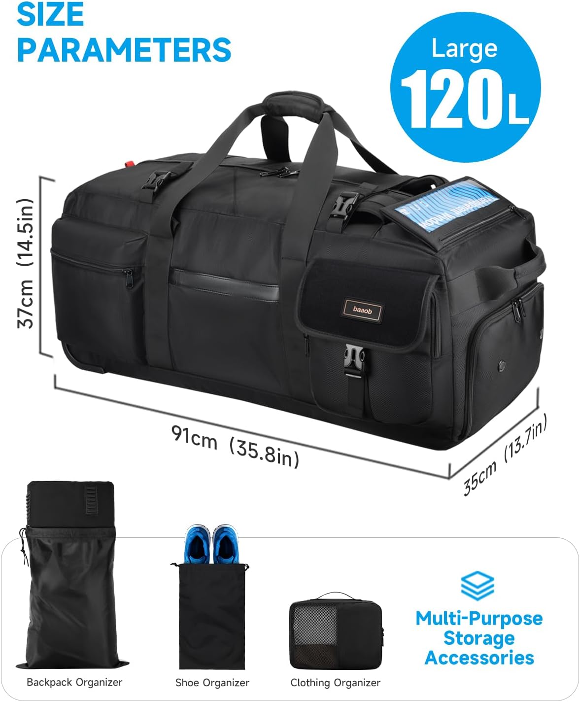 90L Rolling Duffel Bag with Wheels, 4-way Carry Foldable Large Travel Duffle with Backpack Straps & Shoe Compartment, Heavy Duty Luggage for Weekend, Camping, Moving, Includes 3 Organizers
