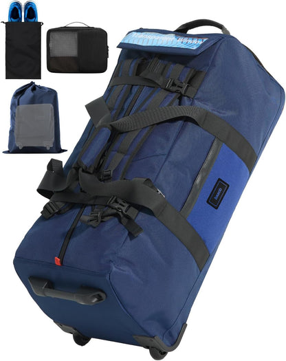 90L Rolling Duffel Bag with Wheels, 4-way Carry Foldable Large Travel Duffle with Backpack Straps & Shoe Compartment, Heavy Duty Luggage for Weekend, Camping, Moving, Includes 3 Organizers