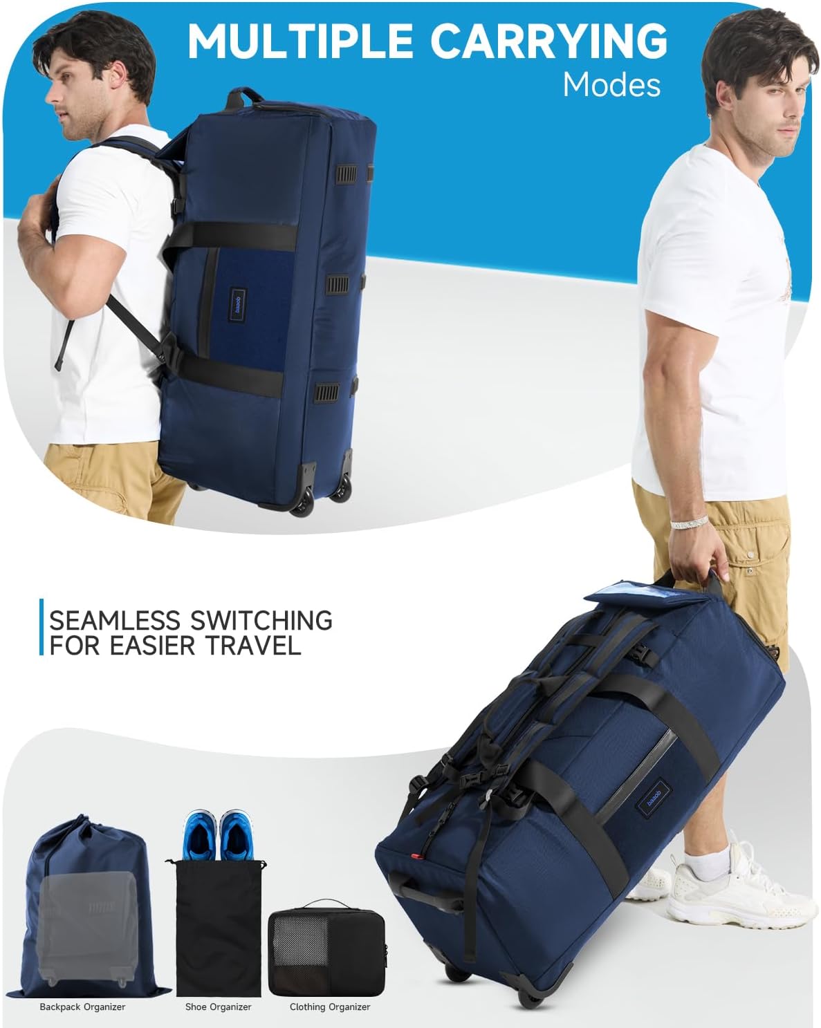 90L Rolling Duffel Bag with Wheels, 4-way Carry Foldable Large Travel Duffle with Backpack Straps & Shoe Compartment, Heavy Duty Luggage for Weekend, Camping, Moving, Includes 3 Organizers