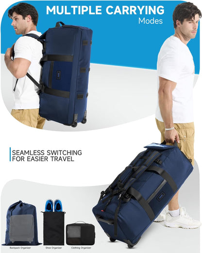 90L Rolling Duffel Bag with Wheels, 4-way Carry Foldable Large Travel Duffle with Backpack Straps & Shoe Compartment, Heavy Duty Luggage for Weekend, Camping, Moving, Includes 3 Organizers