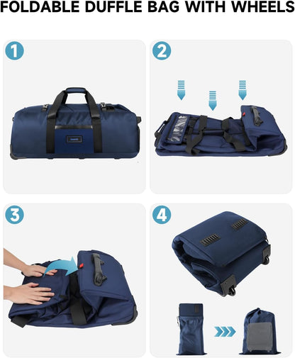 90L Rolling Duffel Bag with Wheels, 4-way Carry Foldable Large Travel Duffle with Backpack Straps & Shoe Compartment, Heavy Duty Luggage for Weekend, Camping, Moving, Includes 3 Organizers