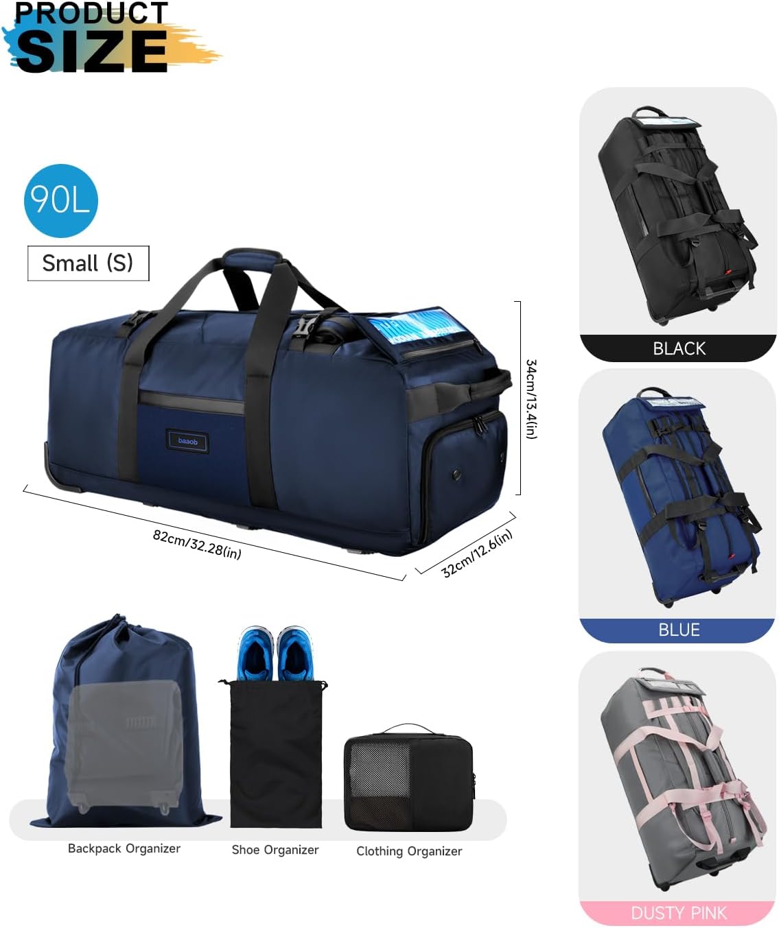 90L Rolling Duffel Bag with Wheels, 4-way Carry Foldable Large Travel Duffle with Backpack Straps & Shoe Compartment, Heavy Duty Luggage for Weekend, Camping, Moving, Includes 3 Organizers