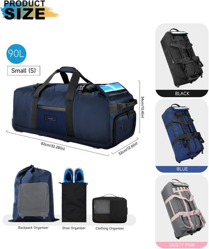 90L Rolling Duffel Bag with Wheels, 4-way Carry Foldable Large Travel Duffle with Backpack Straps & Shoe Compartment, Heavy Duty Luggage for Weekend, Camping, Moving, Includes 3 Organizers