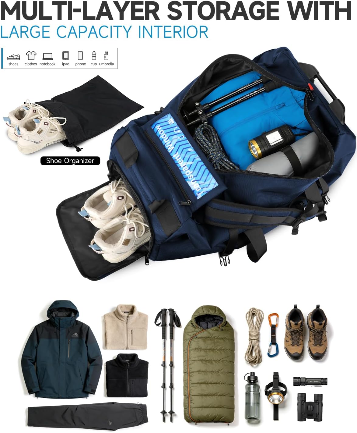 90L Rolling Duffel Bag with Wheels, 4-way Carry Foldable Large Travel Duffle with Backpack Straps & Shoe Compartment, Heavy Duty Luggage for Weekend, Camping, Moving, Includes 3 Organizers