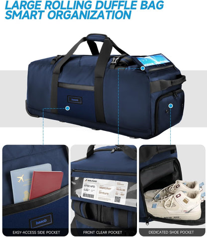 90L Rolling Duffel Bag with Wheels, 4-way Carry Foldable Large Travel Duffle with Backpack Straps & Shoe Compartment, Heavy Duty Luggage for Weekend, Camping, Moving, Includes 3 Organizers