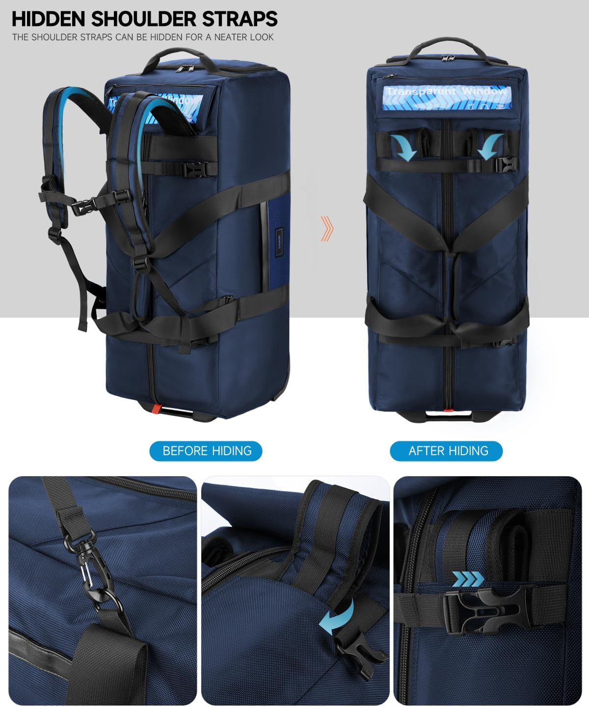 90L Rolling Duffel Bag with Wheels, 4-way Carry Foldable Large Travel Duffle with Backpack Straps & Shoe Compartment, Heavy Duty Luggage for Weekend, Camping, Moving, Includes 3 Organizers