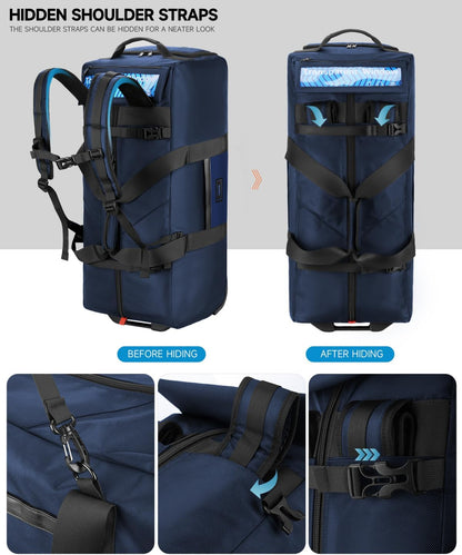 90L Rolling Duffel Bag with Wheels, 4-way Carry Foldable Large Travel Duffle with Backpack Straps & Shoe Compartment, Heavy Duty Luggage for Weekend, Camping, Moving, Includes 3 Organizers