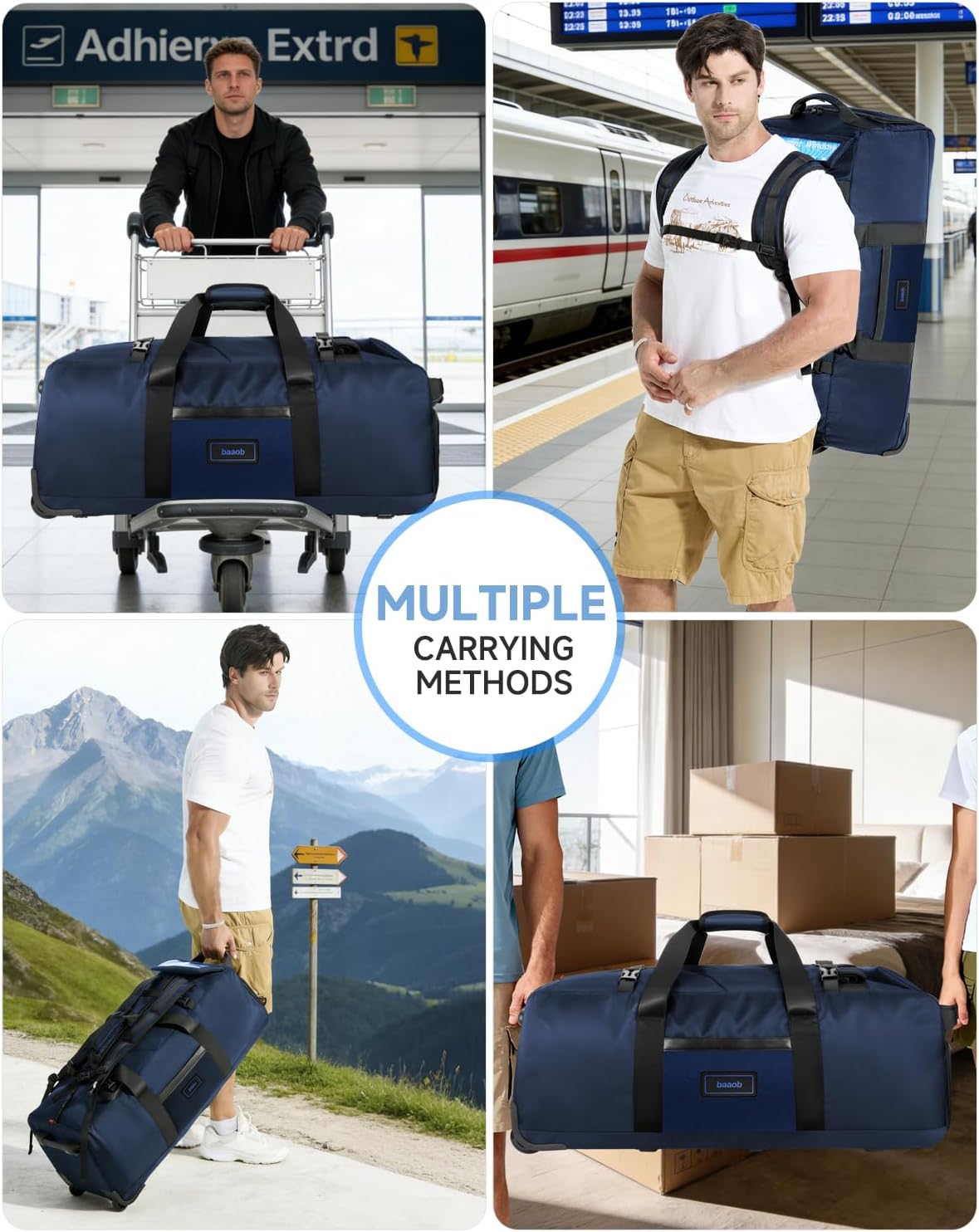 90L Rolling Duffel Bag with Wheels, 4-way Carry Foldable Large Travel Duffle with Backpack Straps & Shoe Compartment, Heavy Duty Luggage for Weekend, Camping, Moving, Includes 3 Organizers