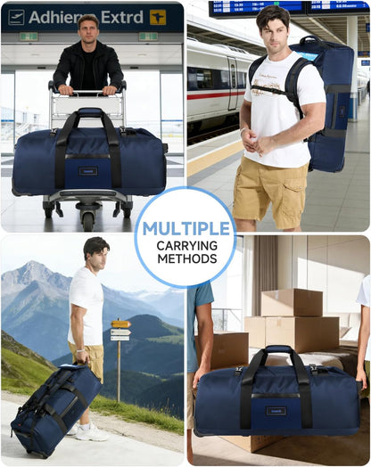 90L Rolling Duffel Bag with Wheels, 4-way Carry Foldable Large Travel Duffle with Backpack Straps & Shoe Compartment, Heavy Duty Luggage for Weekend, Camping, Moving, Includes 3 Organizers