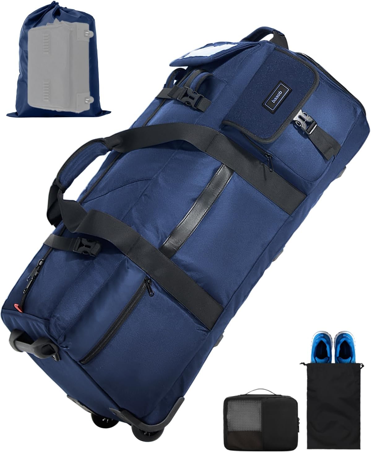 90L Rolling Duffel Bag with Wheels, 4-way Carry Foldable Large Travel Duffle with Backpack Straps & Shoe Compartment, Heavy Duty Luggage for Weekend, Camping, Moving, Includes 3 Organizers