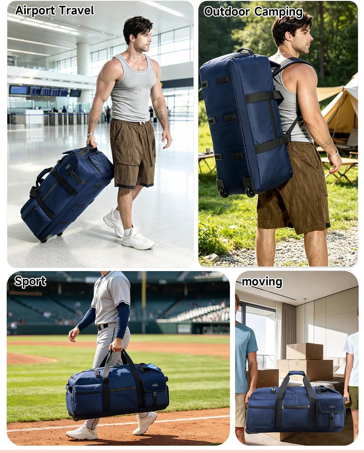 90L Rolling Duffel Bag with Wheels, 4-way Carry Foldable Large Travel Duffle with Backpack Straps & Shoe Compartment, Heavy Duty Luggage for Weekend, Camping, Moving, Includes 3 Organizers