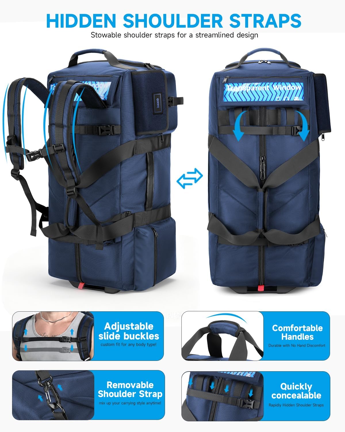 90L Rolling Duffel Bag with Wheels, 4-way Carry Foldable Large Travel Duffle with Backpack Straps & Shoe Compartment, Heavy Duty Luggage for Weekend, Camping, Moving, Includes 3 Organizers