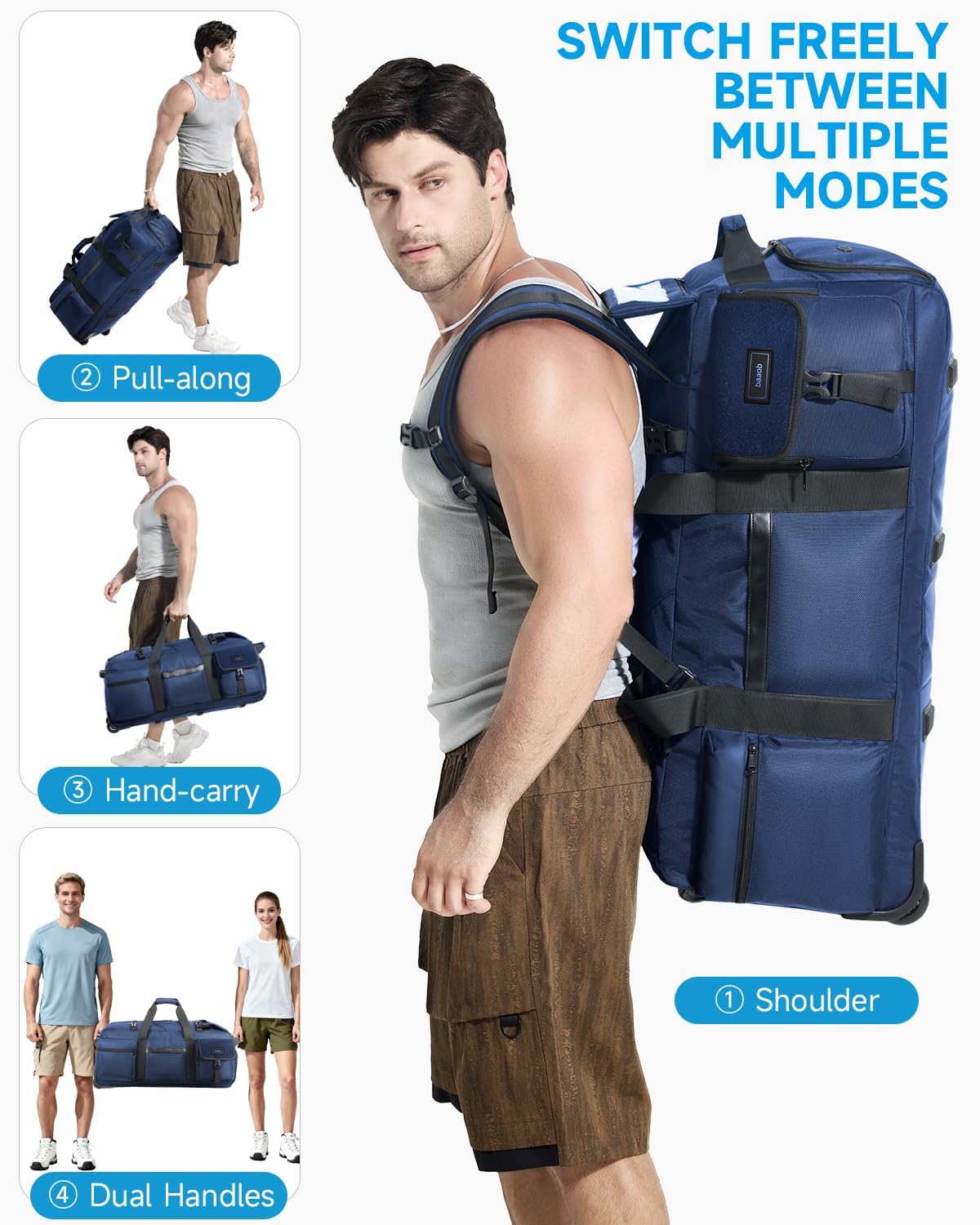 90L Rolling Duffel Bag with Wheels, 4-way Carry Foldable Large Travel Duffle with Backpack Straps & Shoe Compartment, Heavy Duty Luggage for Weekend, Camping, Moving, Includes 3 Organizers