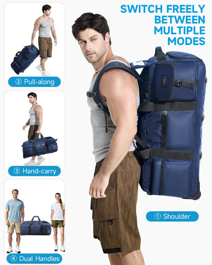 90L Rolling Duffel Bag with Wheels, 4-way Carry Foldable Large Travel Duffle with Backpack Straps & Shoe Compartment, Heavy Duty Luggage for Weekend, Camping, Moving, Includes 3 Organizers