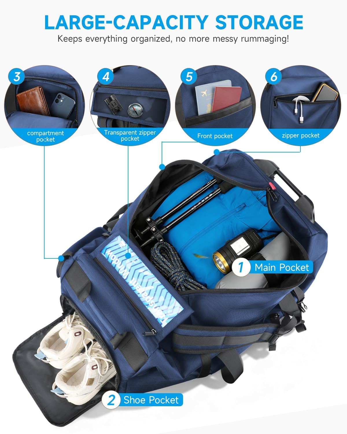 90L Rolling Duffel Bag with Wheels, 4-way Carry Foldable Large Travel Duffle with Backpack Straps & Shoe Compartment, Heavy Duty Luggage for Weekend, Camping, Moving, Includes 3 Organizers