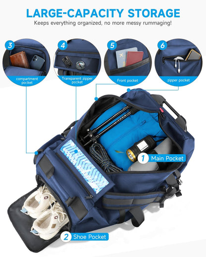 90L Rolling Duffel Bag with Wheels, 4-way Carry Foldable Large Travel Duffle with Backpack Straps & Shoe Compartment, Heavy Duty Luggage for Weekend, Camping, Moving, Includes 3 Organizers