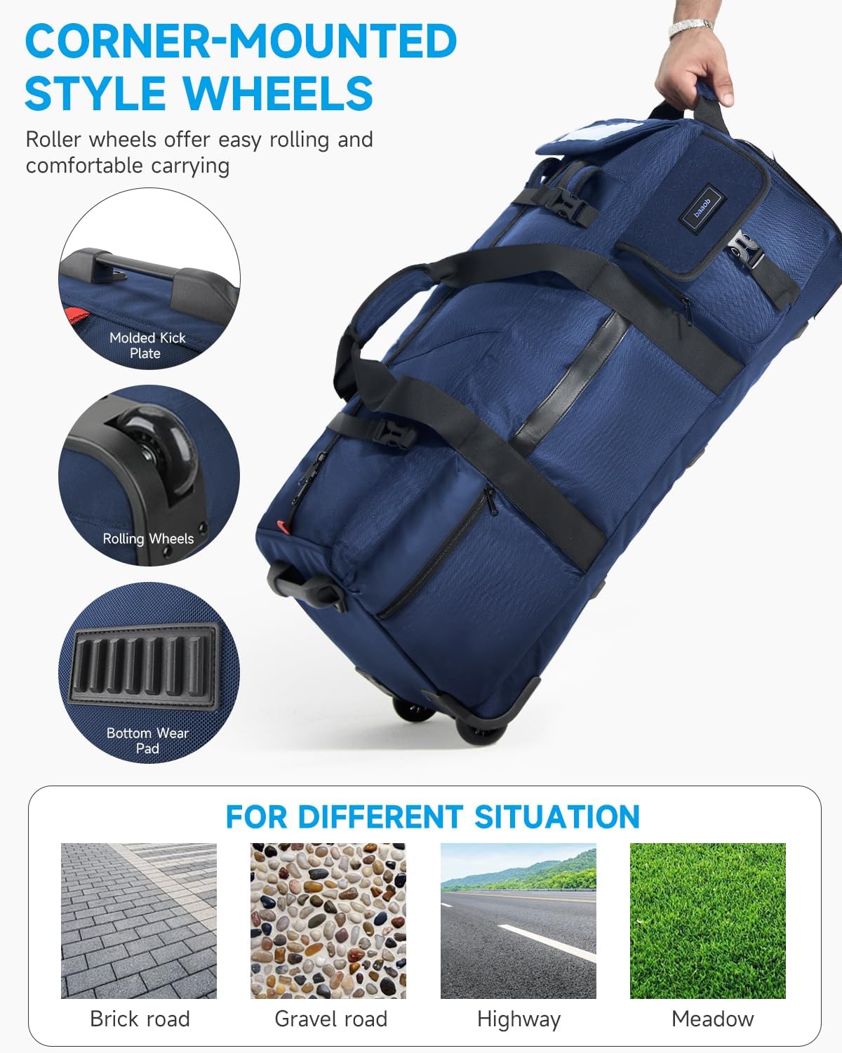 90L Rolling Duffel Bag with Wheels, 4-way Carry Foldable Large Travel Duffle with Backpack Straps & Shoe Compartment, Heavy Duty Luggage for Weekend, Camping, Moving, Includes 3 Organizers