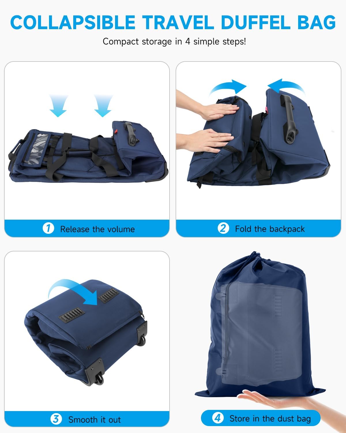 90L Rolling Duffel Bag with Wheels, 4-way Carry Foldable Large Travel Duffle with Backpack Straps & Shoe Compartment, Heavy Duty Luggage for Weekend, Camping, Moving, Includes 3 Organizers