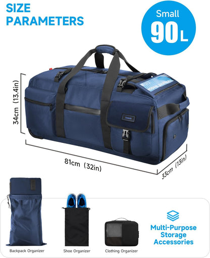 90L Rolling Duffel Bag with Wheels, 4-way Carry Foldable Large Travel Duffle with Backpack Straps & Shoe Compartment, Heavy Duty Luggage for Weekend, Camping, Moving, Includes 3 Organizers