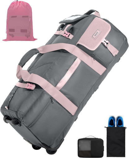 90L Rolling Duffel Bag with Wheels, 4-way Carry Foldable Large Travel Duffle with Backpack Straps & Shoe Compartment, Heavy Duty Luggage for Weekend, Camping, Moving, Includes 3 Organizers