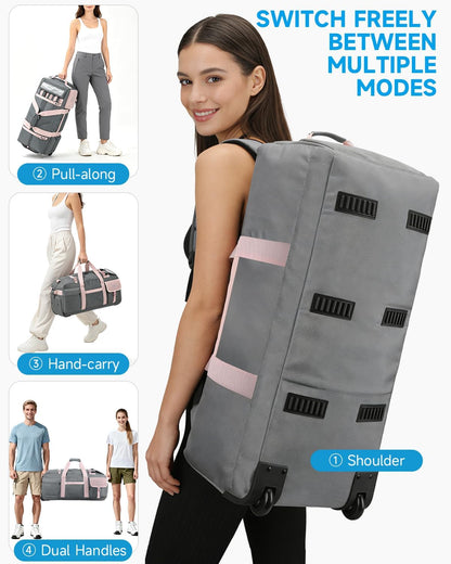 90L Rolling Duffel Bag with Wheels, 4-way Carry Foldable Large Travel Duffle with Backpack Straps & Shoe Compartment, Heavy Duty Luggage for Weekend, Camping, Moving, Includes 3 Organizers