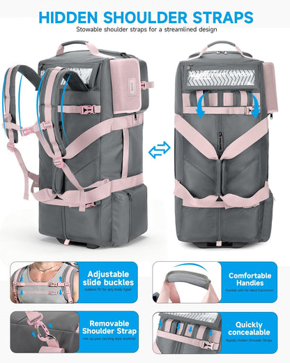 90L Rolling Duffel Bag with Wheels, 4-way Carry Foldable Large Travel Duffle with Backpack Straps & Shoe Compartment, Heavy Duty Luggage for Weekend, Camping, Moving, Includes 3 Organizers