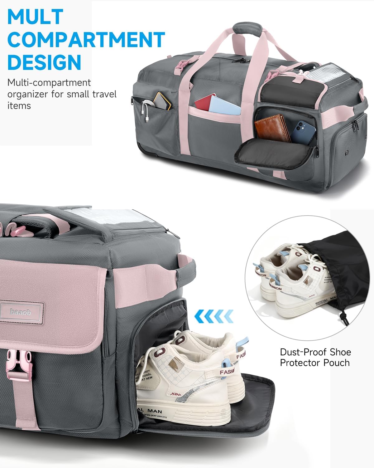 90L Rolling Duffel Bag with Wheels, 4-way Carry Foldable Large Travel Duffle with Backpack Straps & Shoe Compartment, Heavy Duty Luggage for Weekend, Camping, Moving, Includes 3 Organizers