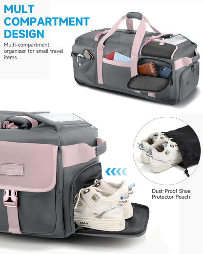90L Rolling Duffel Bag with Wheels, 4-way Carry Foldable Large Travel Duffle with Backpack Straps & Shoe Compartment, Heavy Duty Luggage for Weekend, Camping, Moving, Includes 3 Organizers