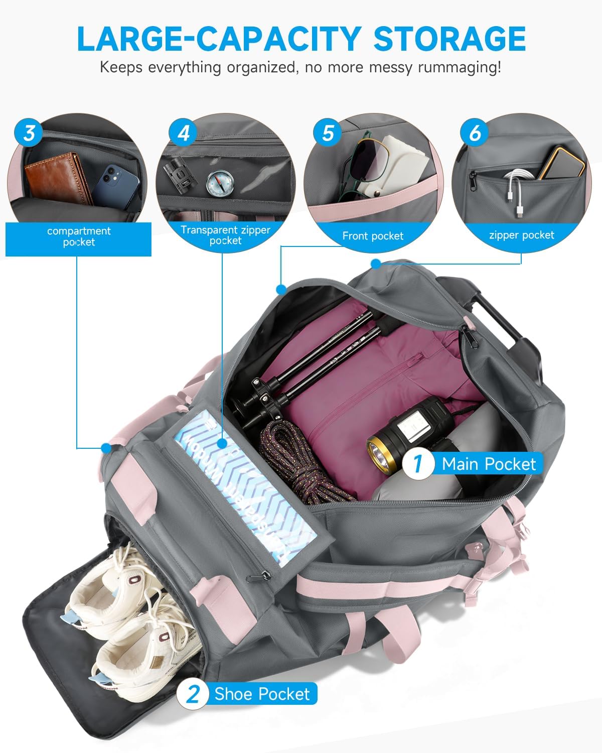 90L Rolling Duffel Bag with Wheels, 4-way Carry Foldable Large Travel Duffle with Backpack Straps & Shoe Compartment, Heavy Duty Luggage for Weekend, Camping, Moving, Includes 3 Organizers