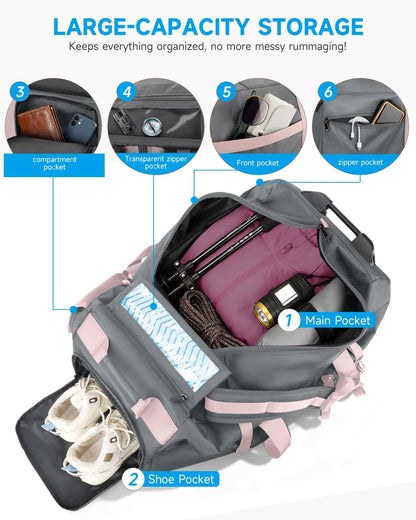 90L Rolling Duffel Bag with Wheels, 4-way Carry Foldable Large Travel Duffle with Backpack Straps & Shoe Compartment, Heavy Duty Luggage for Weekend, Camping, Moving, Includes 3 Organizers
