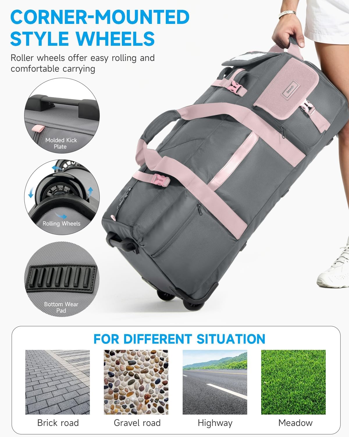 90L Rolling Duffel Bag with Wheels, 4-way Carry Foldable Large Travel Duffle with Backpack Straps & Shoe Compartment, Heavy Duty Luggage for Weekend, Camping, Moving, Includes 3 Organizers