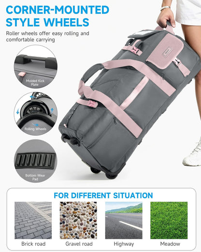 90L Rolling Duffel Bag with Wheels, 4-way Carry Foldable Large Travel Duffle with Backpack Straps & Shoe Compartment, Heavy Duty Luggage for Weekend, Camping, Moving, Includes 3 Organizers