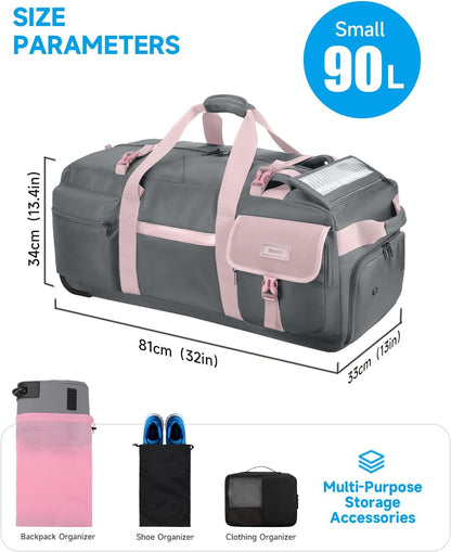 90L Rolling Duffel Bag with Wheels, 4-way Carry Foldable Large Travel Duffle with Backpack Straps & Shoe Compartment, Heavy Duty Luggage for Weekend, Camping, Moving, Includes 3 Organizers