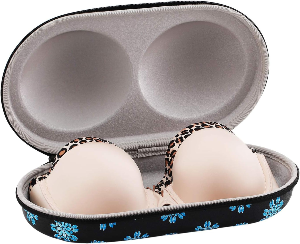 Premium Bra Case Lingerie Travel Bag Zip Underwear Organizer Bag for A-DD Cup (Blue Flower)