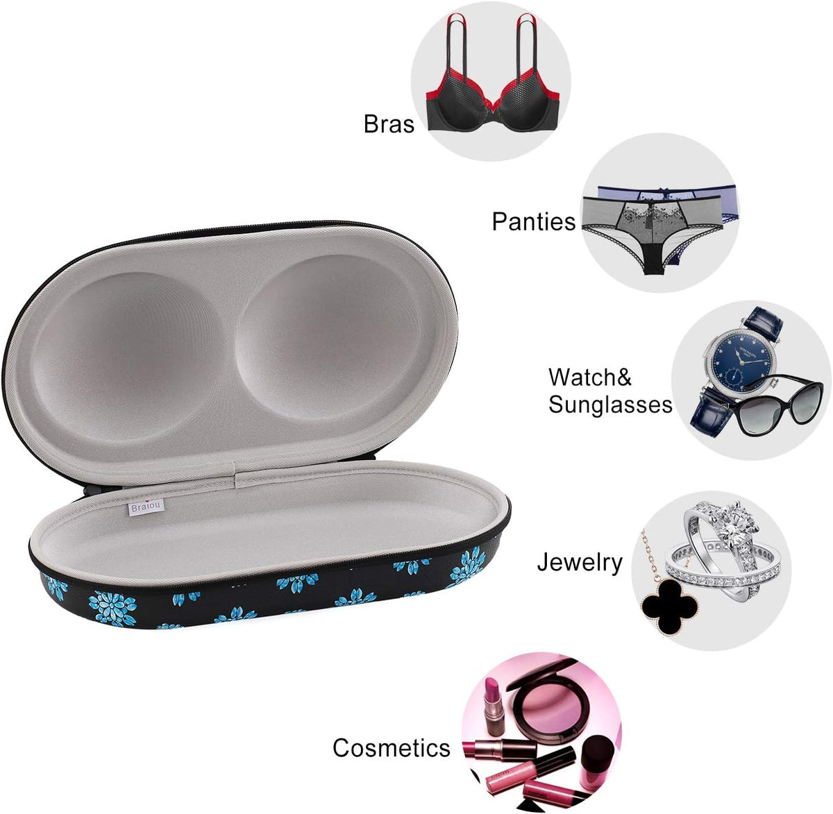 Premium Bra Case Lingerie Travel Bag Zip Underwear Organizer Bag for A-DD Cup (Blue Flower)