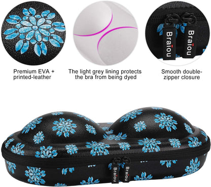Premium Bra Case Lingerie Travel Bag Zip Underwear Organizer Bag for A-DD Cup (Blue Flower)