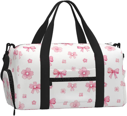 Bow Flower Seamless Duffel Bag with Shoe Compartment-Sports Gym Weekender for Men Women, Waterproof Travel Tote with Wet Pocket for Dirty Shoes