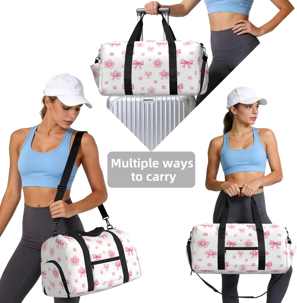 Bow Flower Seamless Duffel Bag with Shoe Compartment-Sports Gym Weekender for Men Women, Waterproof Travel Tote with Wet Pocket for Dirty Shoes