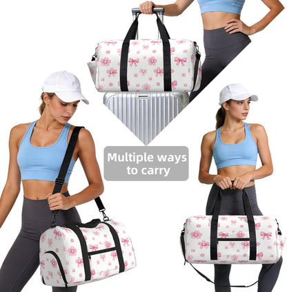 Bow Flower Seamless Duffel Bag with Shoe Compartment-Sports Gym Weekender for Men Women, Waterproof Travel Tote with Wet Pocket for Dirty Shoes