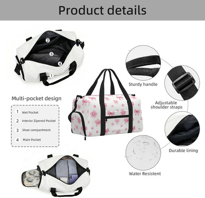 Bow Flower Seamless Duffel Bag with Shoe Compartment-Sports Gym Weekender for Men Women, Waterproof Travel Tote with Wet Pocket for Dirty Shoes