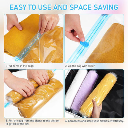 12pcs Vacuum Clothes Storage Bags and Roll up Compression Bags Portable Hand-rolled Space Saver 35x50cm 40x50cm for Travel and Luggage Organization
