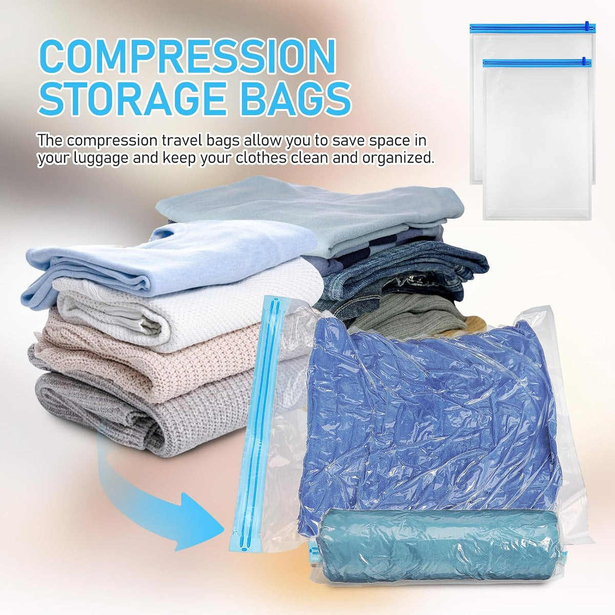 12pcs Vacuum Clothes Storage Bags and Roll up Compression Bags Portable Hand-rolled Space Saver 35x50cm 40x50cm for Travel and Luggage Organization