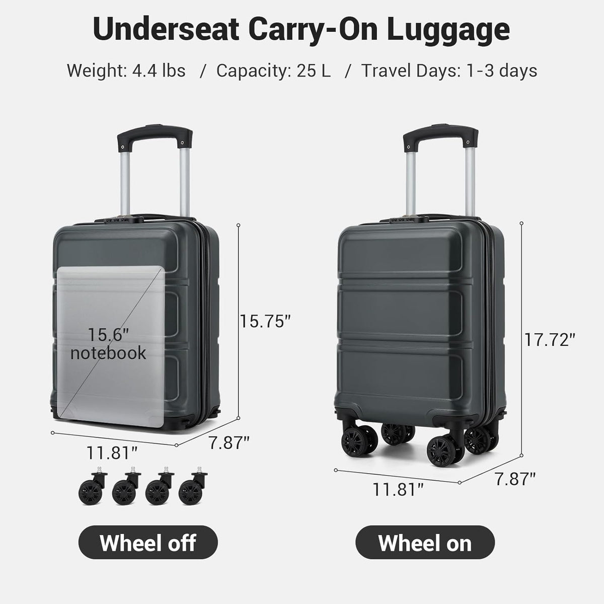 15'' Underseat Carry On Luggage Airline Approved Lightweight | Anti-Scratch PC+ABS Hardshell Carry on Suitcase with Smooth Spinner Wheel, Overnight Carry on for Short Travel, Nude Pink