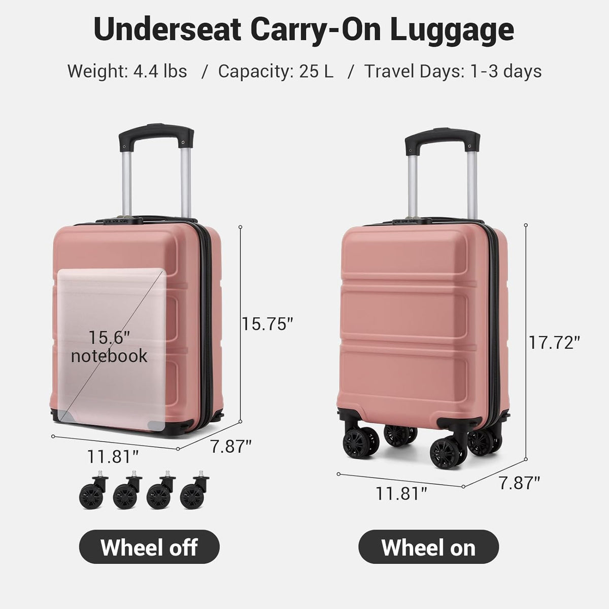 15'' Underseat Carry On Luggage Airline Approved Lightweight | Anti-Scratch PC+ABS Hardshell Carry on Suitcase with Smooth Spinner Wheel, Overnight Carry on for Short Travel, Nude Pink