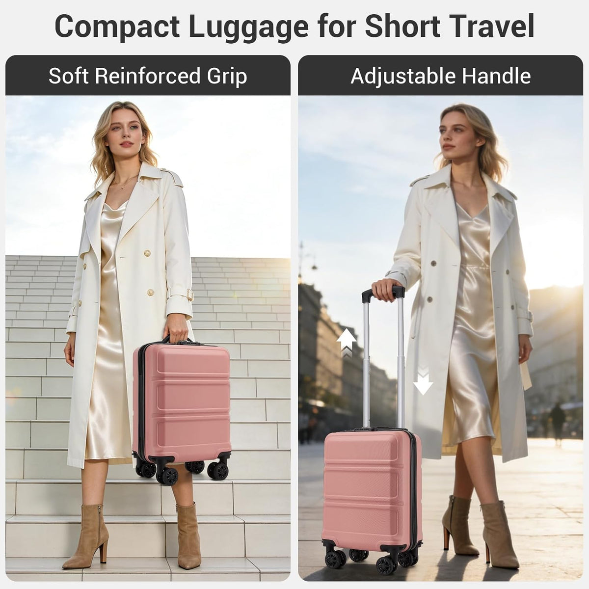 15'' Underseat Carry On Luggage Airline Approved Lightweight | Anti-Scratch PC+ABS Hardshell Carry on Suitcase with Smooth Spinner Wheel, Overnight Carry on for Short Travel, Nude Pink