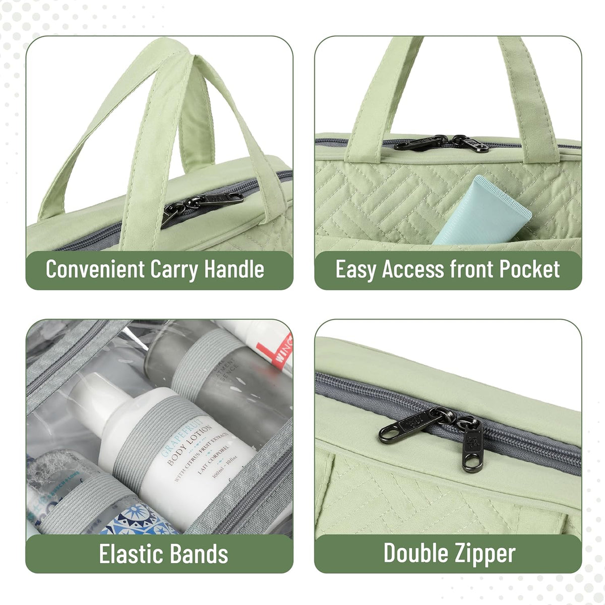 Travel Toiletry Bag Organizers, Sage Green | Makeup Travel Bag for Toiletries with Hanging Hook, Water-Resistant