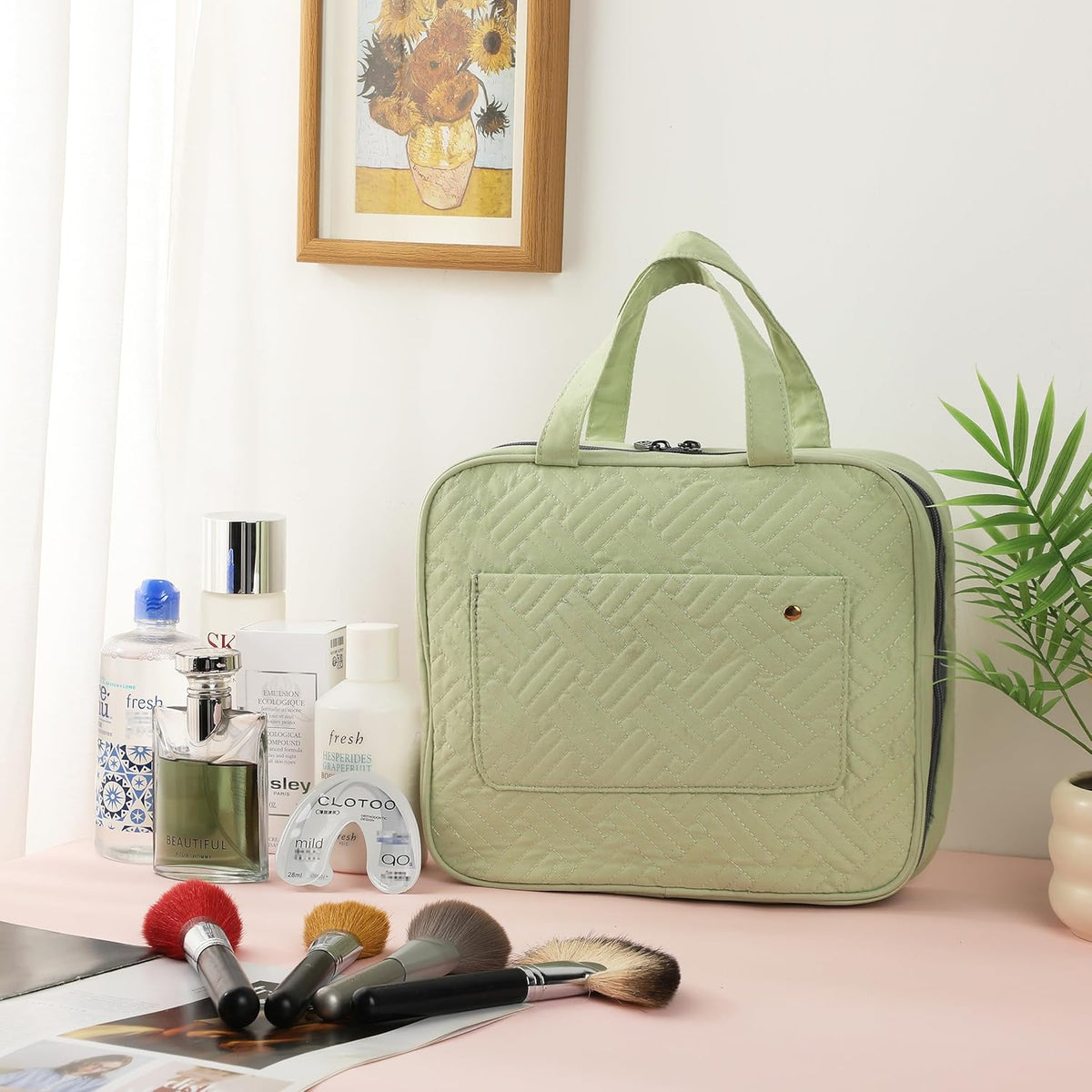 Travel Toiletry Bag Organizers, Sage Green | Makeup Travel Bag for Toiletries with Hanging Hook, Water-Resistant