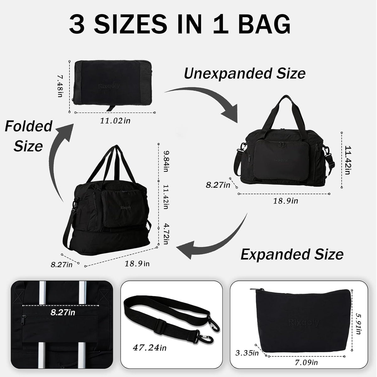 Travel Duffel Bag, 30–40L Expandable Weekender Bag with Shoe Compartment, Foldable Carry On Travel Bag with Wet Pocket and Matching Pouch